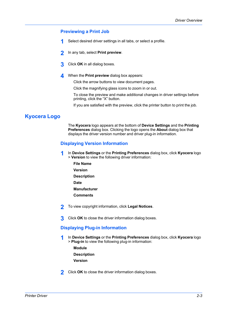 Previewing a print job, Kyocera logo, Displaying version information | Displaying plug-in information, Previewing a print job -3, Kyocera logo -3 | Kyocera Ecosys m2040dn User Manual | Page 19 / 93