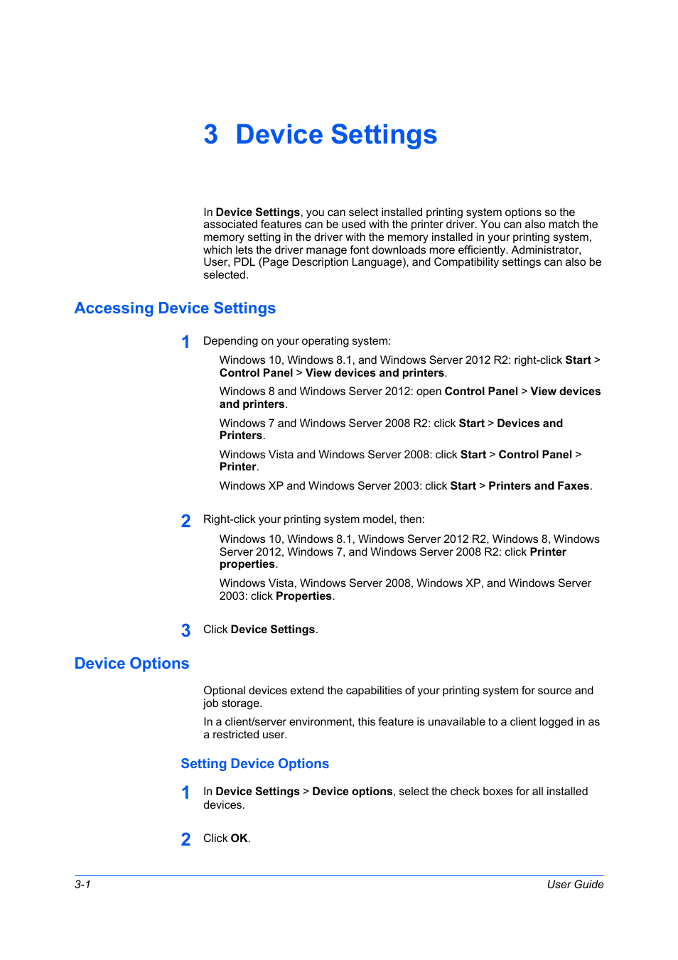 3 device settings, Accessing device settings, Device options | Setting device options, Accessing device settings -1 device options -1, Setting device options -1 | Kyocera Ecosys m2040dn User Manual | Page 20 / 93