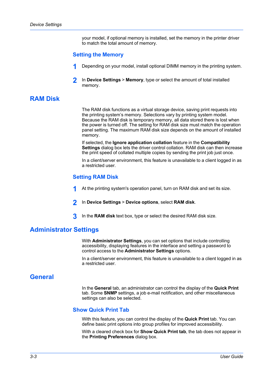 Setting the memory, Ram disk, Setting ram disk | Administrator settings, General, Show quick print tab, Setting the memory -3, Ram disk -3, Setting ram disk -3, Administrator settings -3 general -3 | Kyocera Ecosys m2040dn User Manual | Page 22 / 93