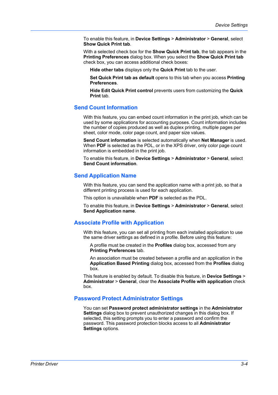 Send count information, Send application name, Associate profile with application | Password protect administrator settings | Kyocera Ecosys m2040dn User Manual | Page 23 / 93