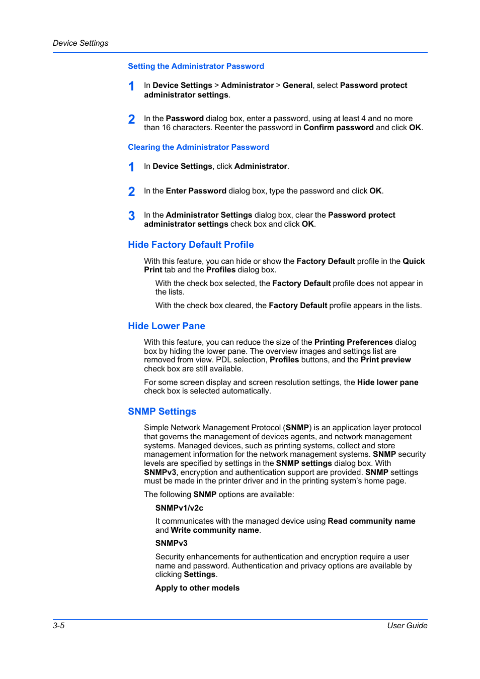 Setting the administrator password, Clearing the administrator password, Hide factory default profile | Hide lower pane, Snmp settings | Kyocera Ecosys m2040dn User Manual | Page 24 / 93