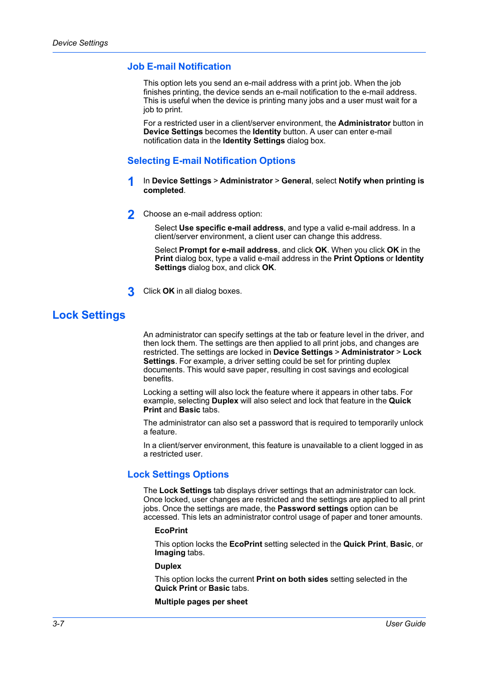 Job e-mail notification, Selecting e-mail notification options, Lock settings | Lock settings options, Lock settings -7, Lock settings options -7 | Kyocera Ecosys m2040dn User Manual | Page 26 / 93