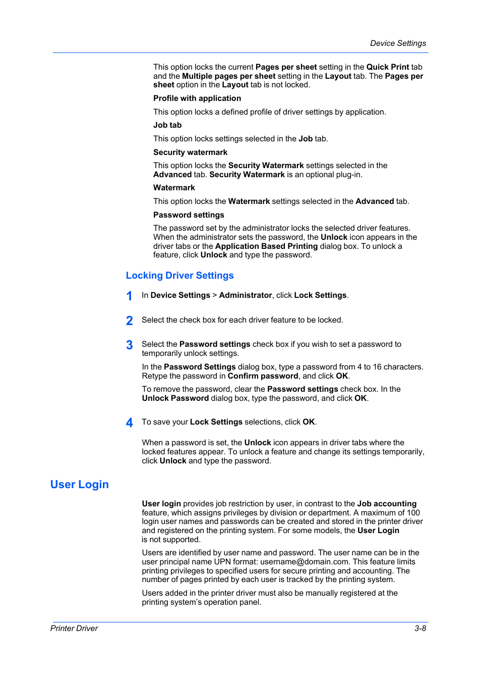 Locking driver settings, User login, Locking driver settings -8 | User login -8 | Kyocera Ecosys m2040dn User Manual | Page 27 / 93