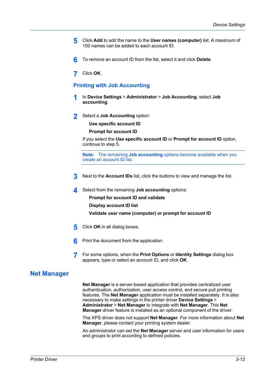 Printing with job accounting, Net manager, Printing with job accounting -12 | Net manager -12 | Kyocera Ecosys m2040dn User Manual | Page 31 / 93