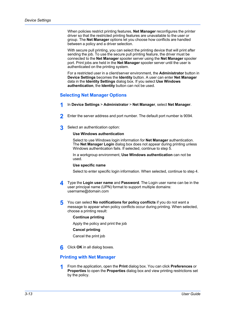 Selecting net manager options, Printing with net manager | Kyocera Ecosys m2040dn User Manual | Page 32 / 93
