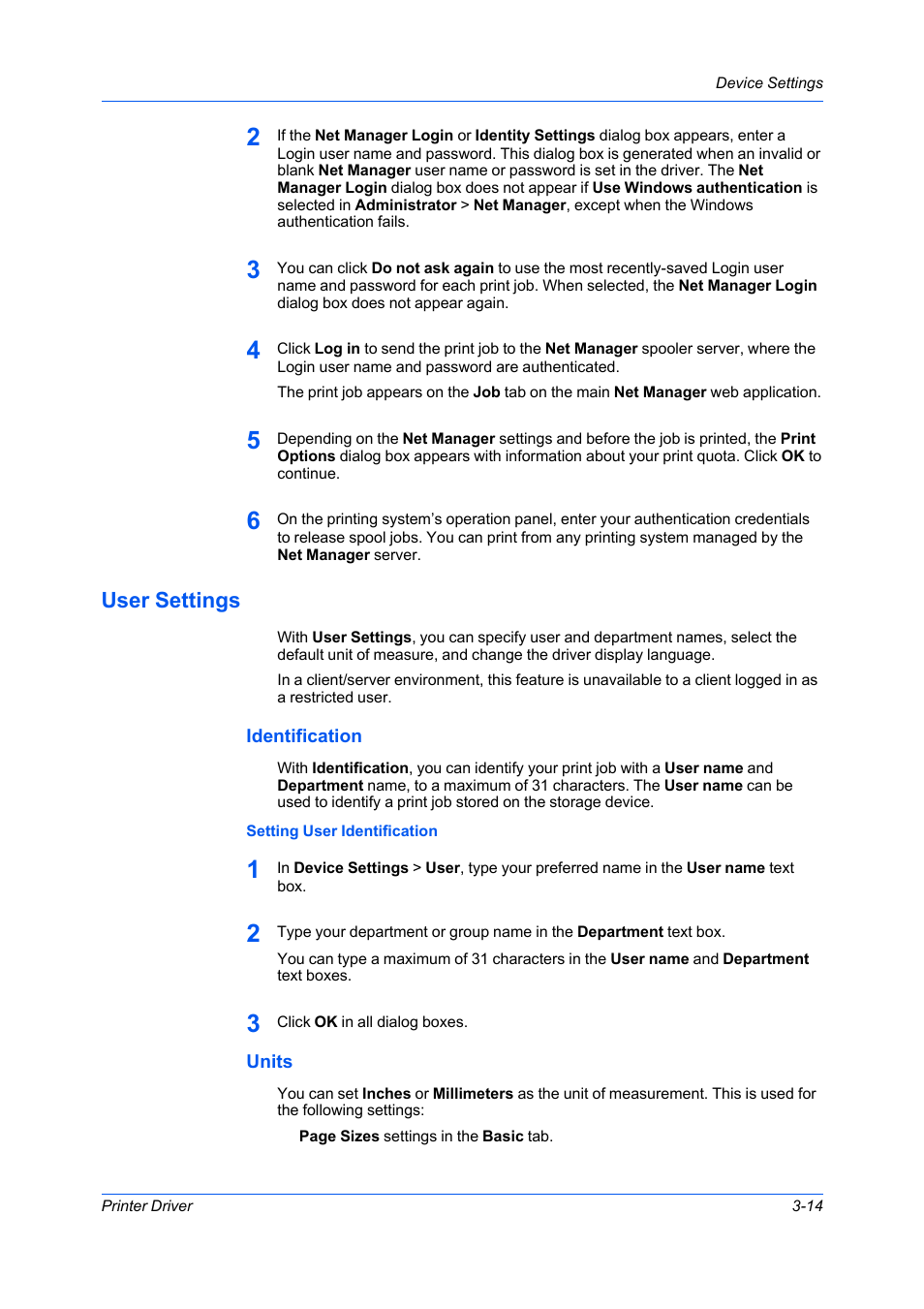 User settings, Identification, Setting user identification | Units, User settings -14, Identification -14 units -14 | Kyocera Ecosys m2040dn User Manual | Page 33 / 93