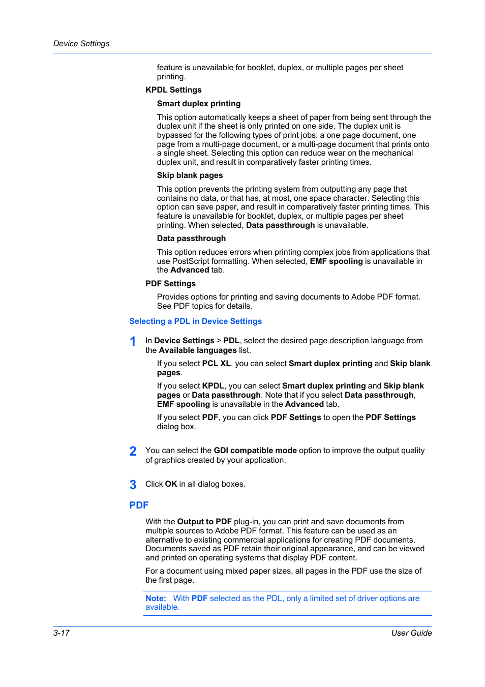 Selecting a pdl in device settings, Pdf -17 | Kyocera Ecosys m2040dn User Manual | Page 36 / 93
