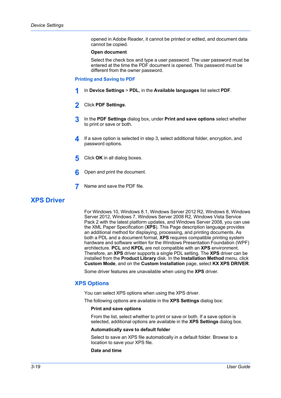 Printing and saving to pdf, Xps driver, Xps options | Xps driver -19, Xps options -19 | Kyocera Ecosys m2040dn User Manual | Page 38 / 93