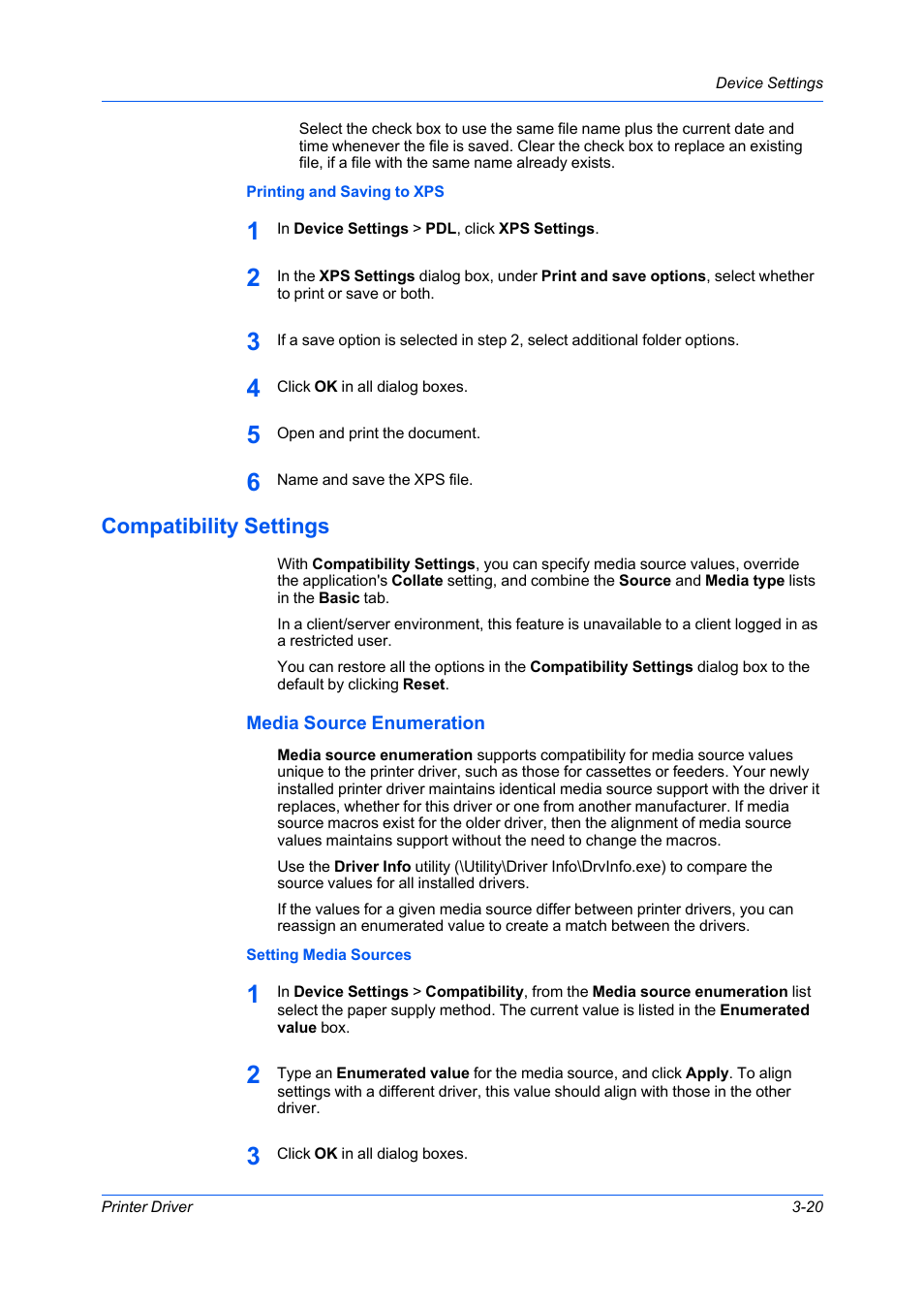 Printing and saving to xps, Compatibility settings, Media source enumeration | Setting media sources, Compatibility settings -20, Media source enumeration -20 | Kyocera Ecosys m2040dn User Manual | Page 39 / 93