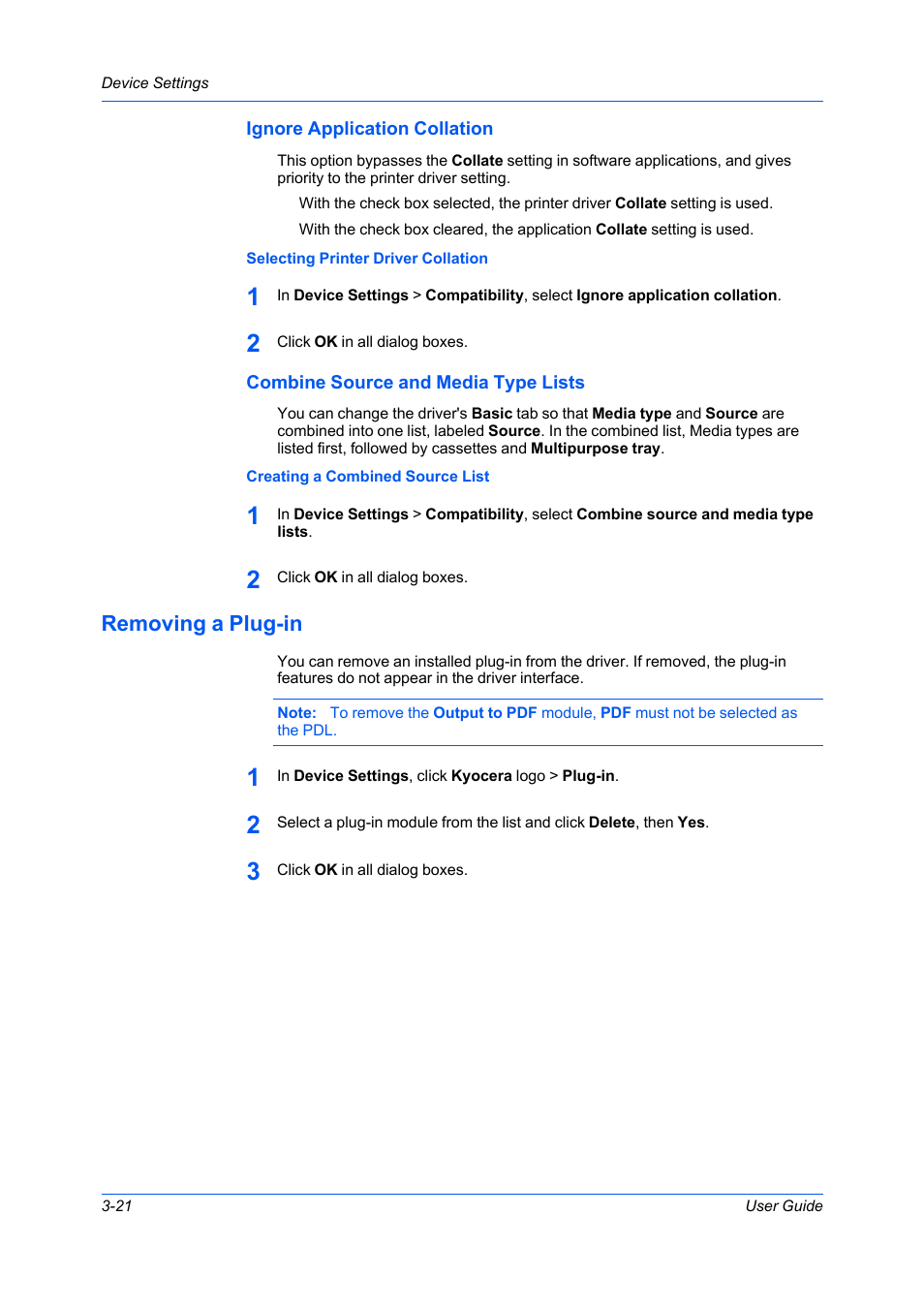 Ignore application collation, Selecting printer driver collation, Combine source and media type lists | Creating a combined source list, Removing a plug-in, Removing a plug-in -21 | Kyocera Ecosys m2040dn User Manual | Page 40 / 93