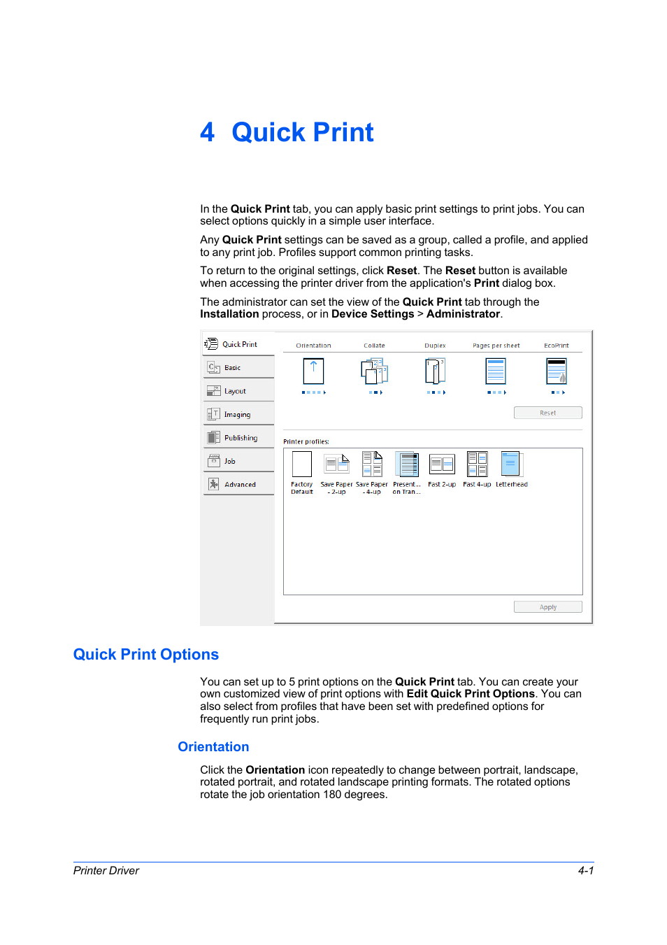 4 quick print, Quick print options, Orientation | Quick print options -1, Orientation -1 | Kyocera Ecosys m2040dn User Manual | Page 41 / 93
