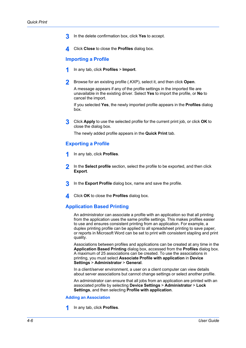 Importing a profile, Exporting a profile, Application based printing | Adding an association, Importing a profile -6 exporting a profile -6, Application based printing -6 | Kyocera Ecosys m2040dn User Manual | Page 46 / 93