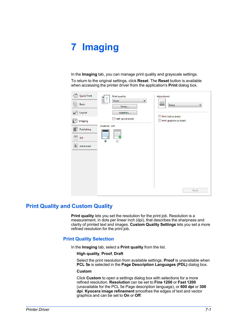 7 imaging, Print quality and custom quality, Print quality selection | Print quality and custom quality -1, Print quality selection -1 | Kyocera Ecosys m2040dn User Manual | Page 59 / 93