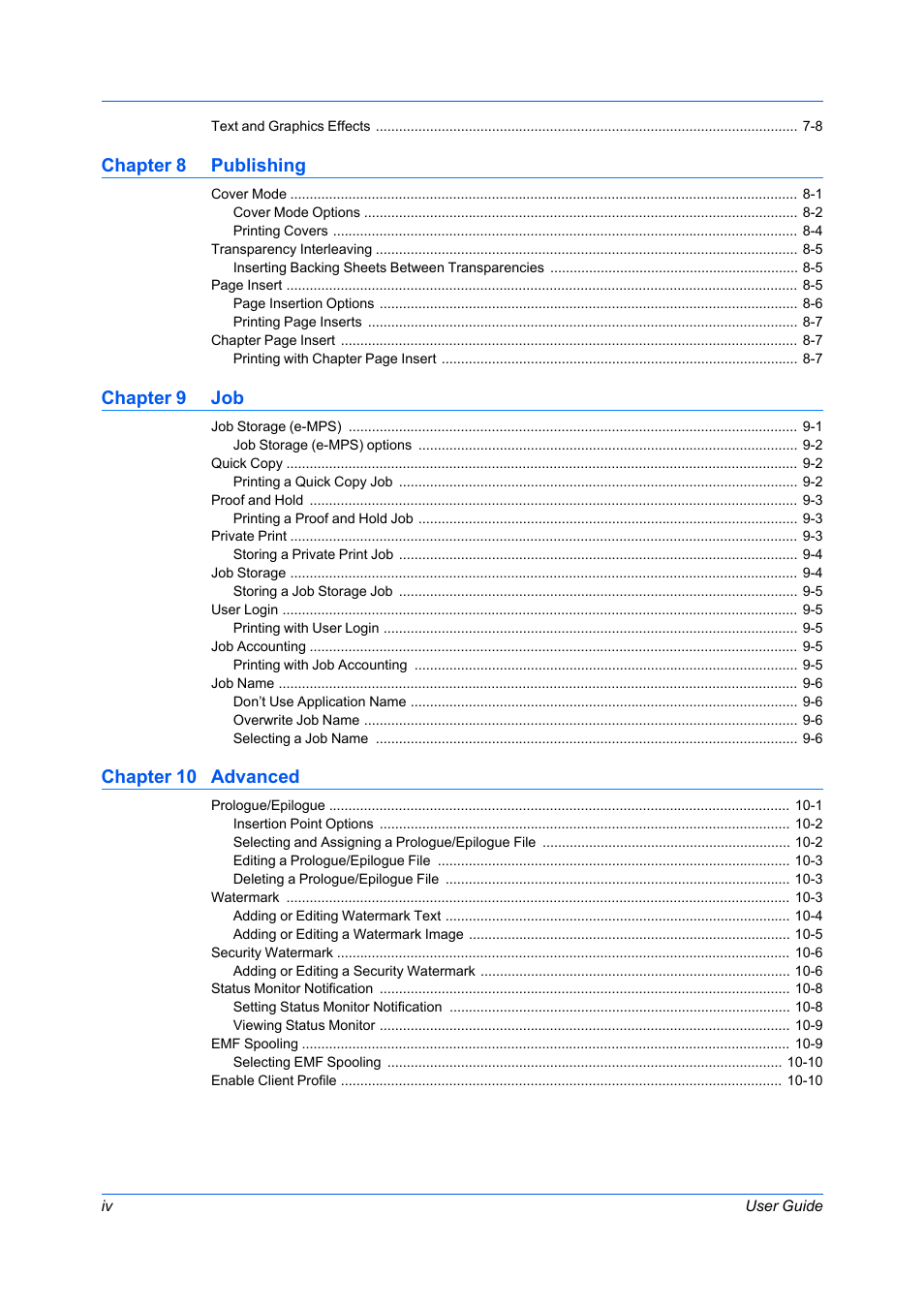 Chapter 8 publishing, Chapter 9 job, Chapter 10 advanced | Kyocera Ecosys m2040dn User Manual | Page 6 / 93