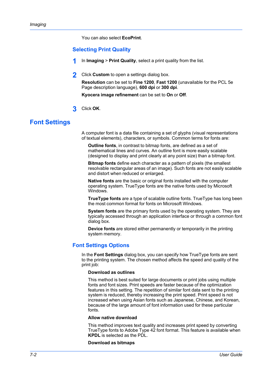 Selecting print quality, Font settings, Font settings options | Selecting print quality -2, Font settings -2, Font settings options -2 | Kyocera Ecosys m2040dn User Manual | Page 60 / 93