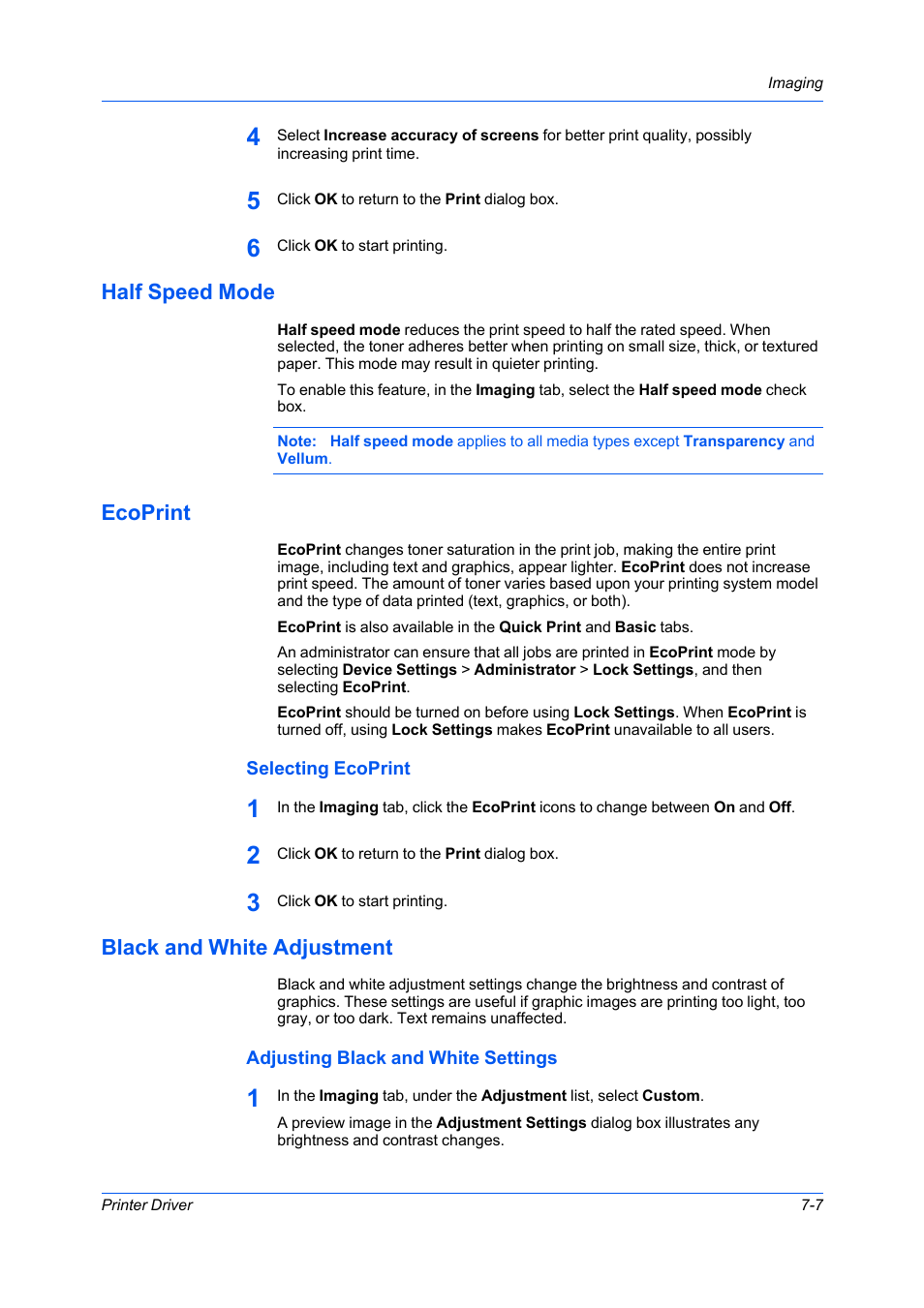 Half speed mode, Ecoprint, Selecting ecoprint | Black and white adjustment, Adjusting black and white settings, Half speed mode -7 ecoprint -7, Selecting ecoprint -7, Black and white adjustment -7, Adjusting black and white settings -7 | Kyocera Ecosys m2040dn User Manual | Page 65 / 93