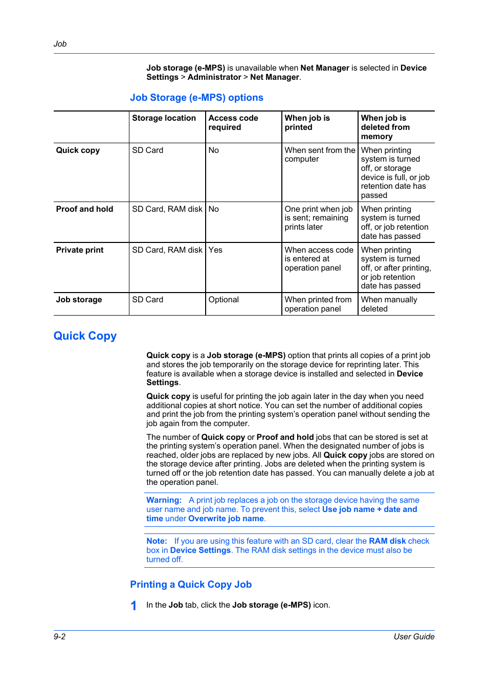 Job storage (e-mps) options, Quick copy, Printing a quick copy job | Job storage (e-mps) options -2, Quick copy -2, Printing a quick copy job -2 | Kyocera Ecosys m2040dn User Manual | Page 76 / 93