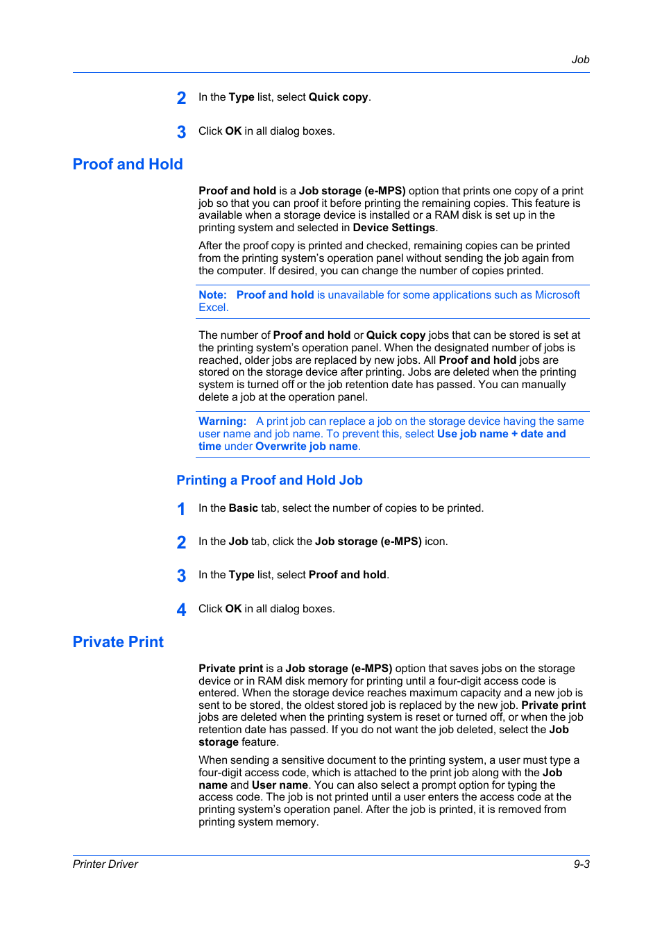 Proof and hold, Printing a proof and hold job, Private print | Proof and hold -3, Printing a proof and hold job -3, Private print -3 | Kyocera Ecosys m2040dn User Manual | Page 77 / 93