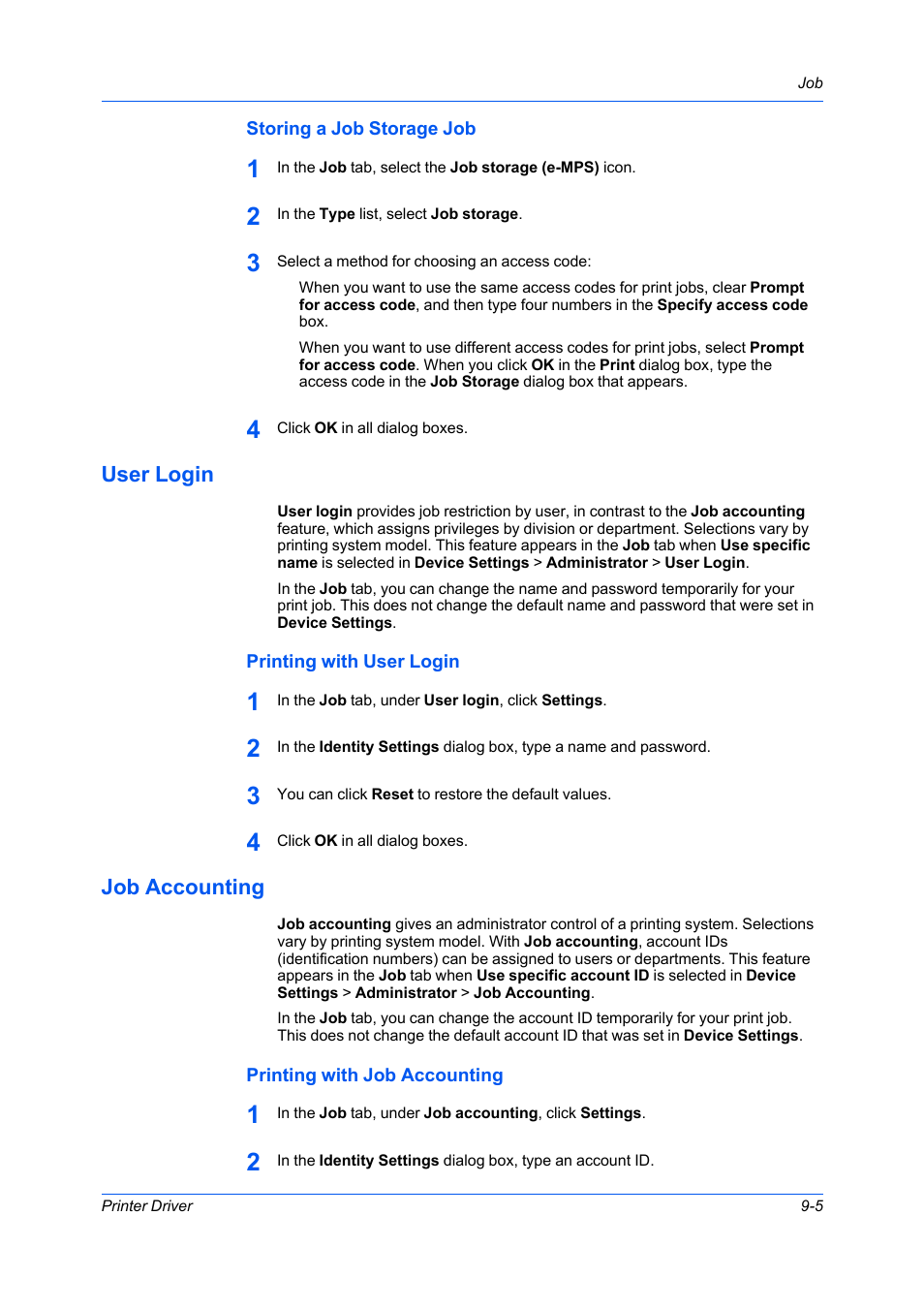 Storing a job storage job, User login, Printing with user login | Job accounting, Printing with job accounting, Storing a job storage job -5, User login -5, Printing with user login -5, Job accounting -5, Printing with job accounting -5 | Kyocera Ecosys m2040dn User Manual | Page 79 / 93