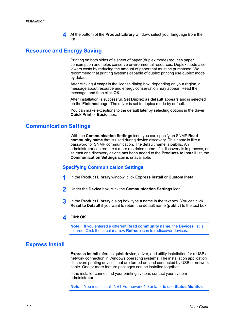 Resource and energy saving, Communication settings, Specifying communication settings | Express install, Specifying communication settings -2, Express install -2 | Kyocera Ecosys m2040dn User Manual | Page 8 / 93