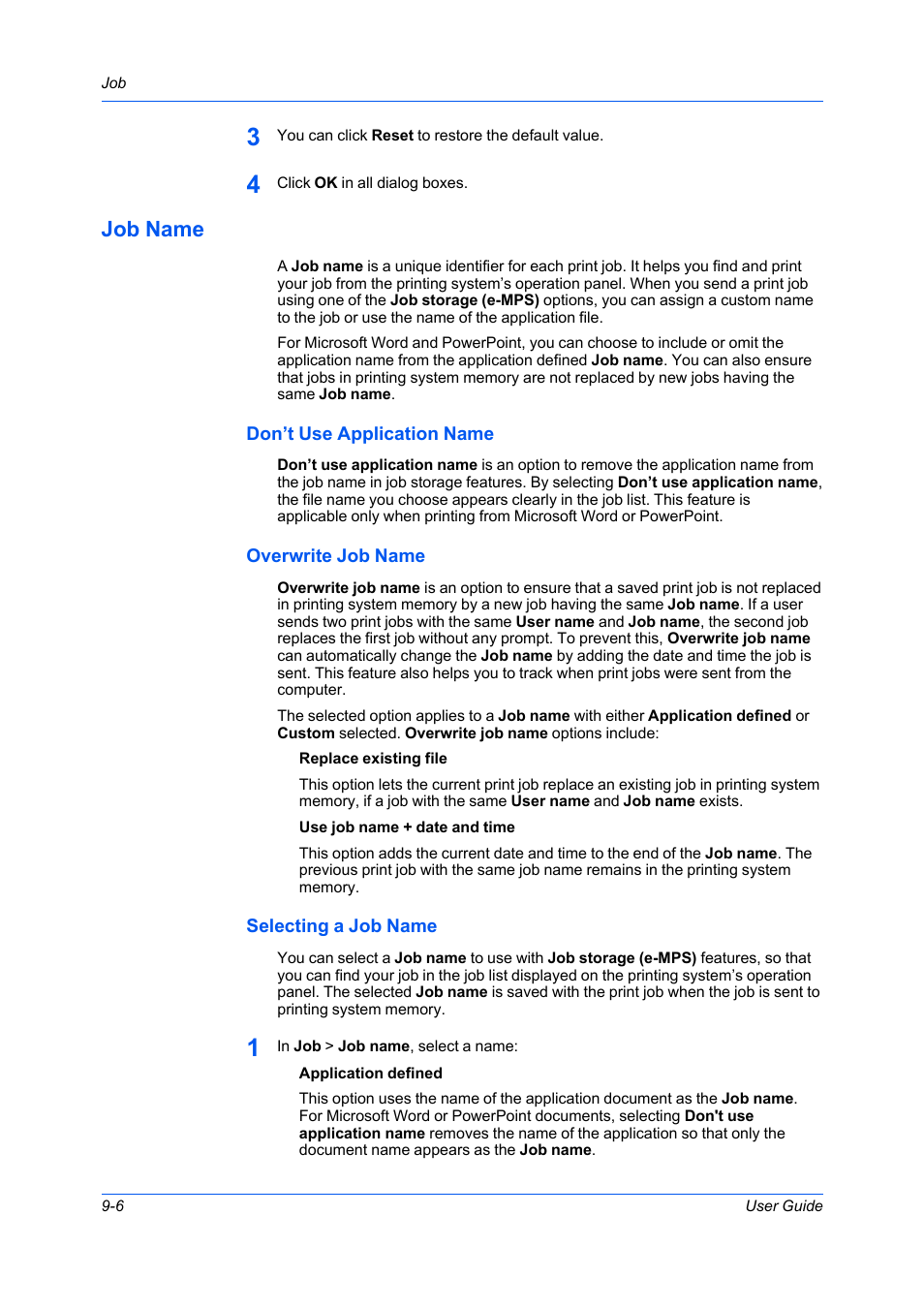 Job name, Don’t use application name, Overwrite job name | Selecting a job name, Job name -6 | Kyocera Ecosys m2040dn User Manual | Page 80 / 93