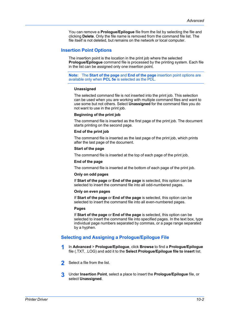 Insertion point options, Selecting and assigning a prologue/epilogue file | Kyocera Ecosys m2040dn User Manual | Page 83 / 93
