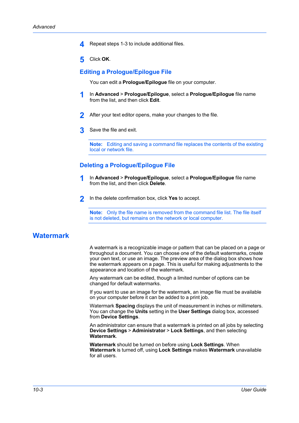 Editing a prologue/epilogue file, Deleting a prologue/epilogue file, Watermark | Watermark -3 | Kyocera Ecosys m2040dn User Manual | Page 84 / 93