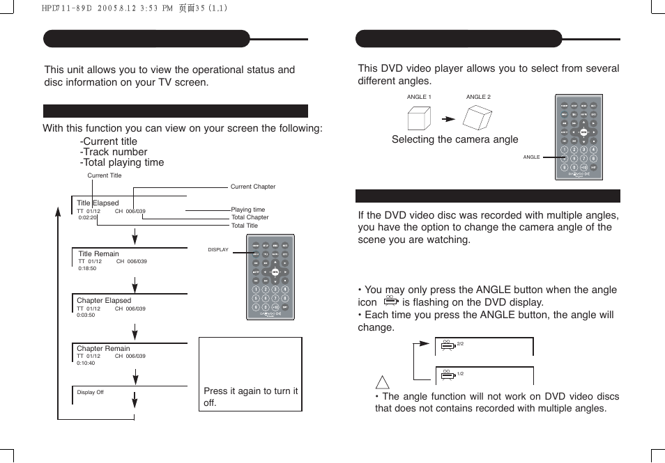 Selecting the camera angle, Using the on-screen display | Daewoo DPC - 7400P User Manual | Page 19 / 30
