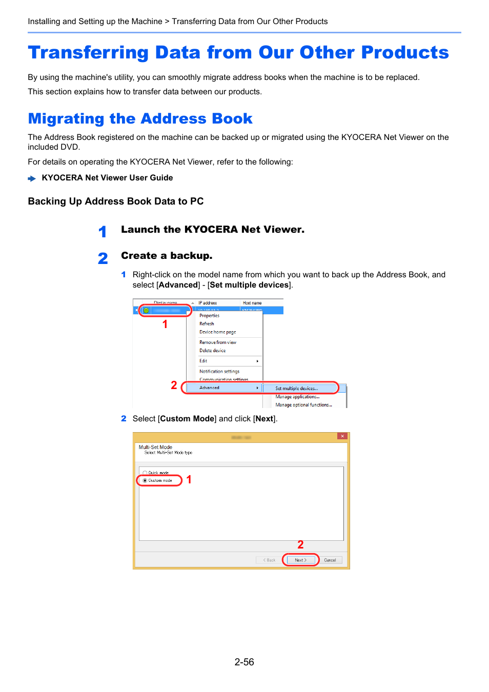 Transferring data from our other products, Migrating the address book, Transferring data from our other products -56 | Migrating the address book -56, Transferring data from our other, Products -56 | Kyocera Ecosys m2040dn User Manual | Page 104 / 410