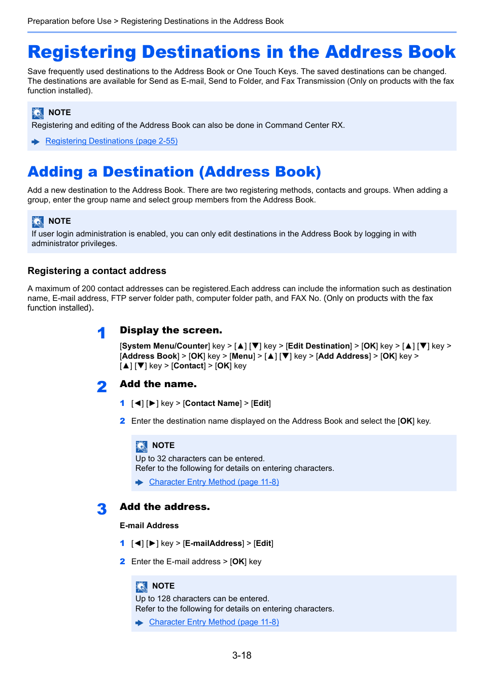 Registering destinations in the address book, Adding a destination (address book), Registering destinations in the address book -18 | Adding a destination (address book) -18 | Kyocera Ecosys m2040dn User Manual | Page 127 / 410