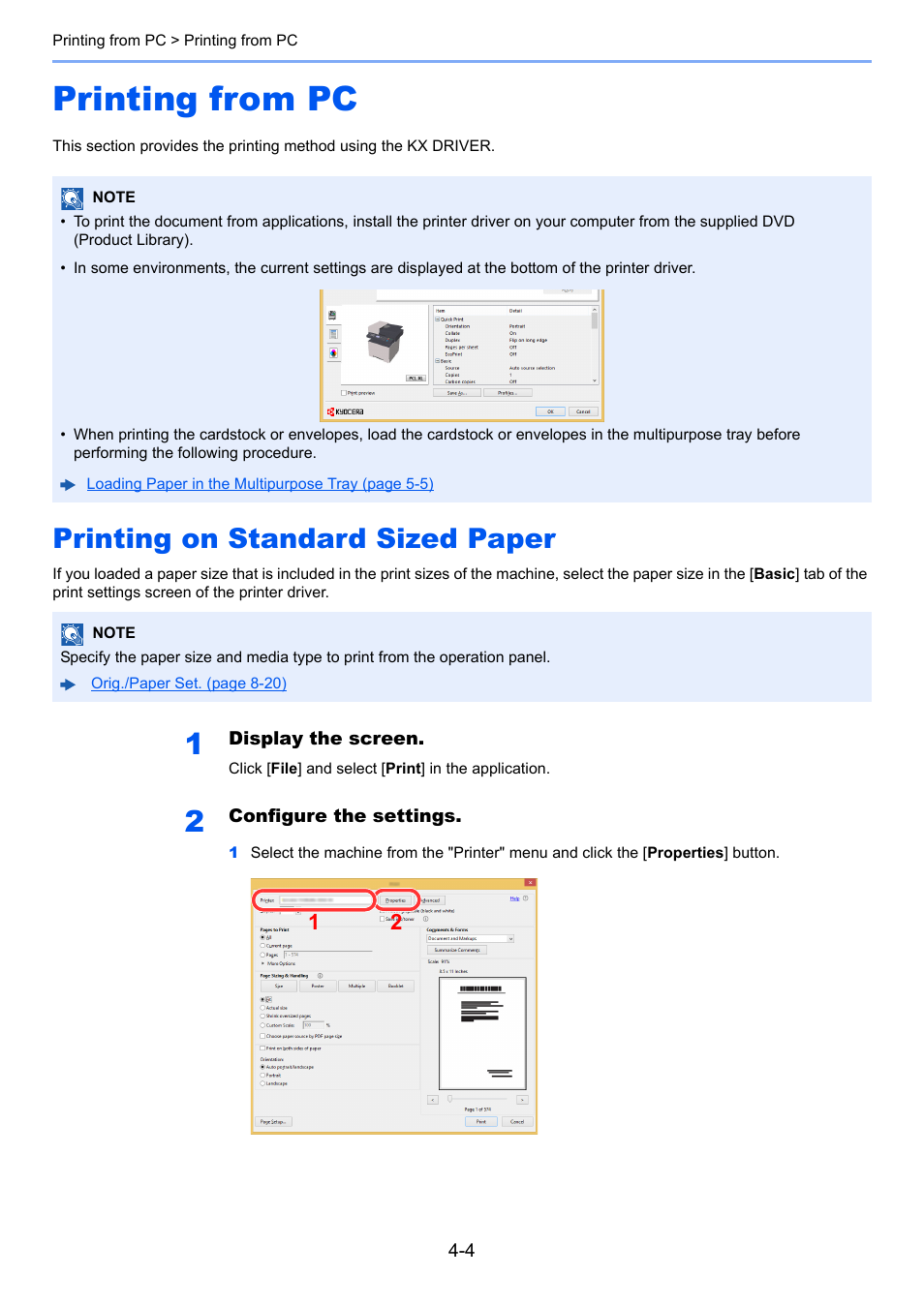 Printing from pc, Printing on standard sized paper, Printing from pc -4 | Printing on standard sized paper -4 | Kyocera Ecosys m2040dn User Manual | Page 139 / 410