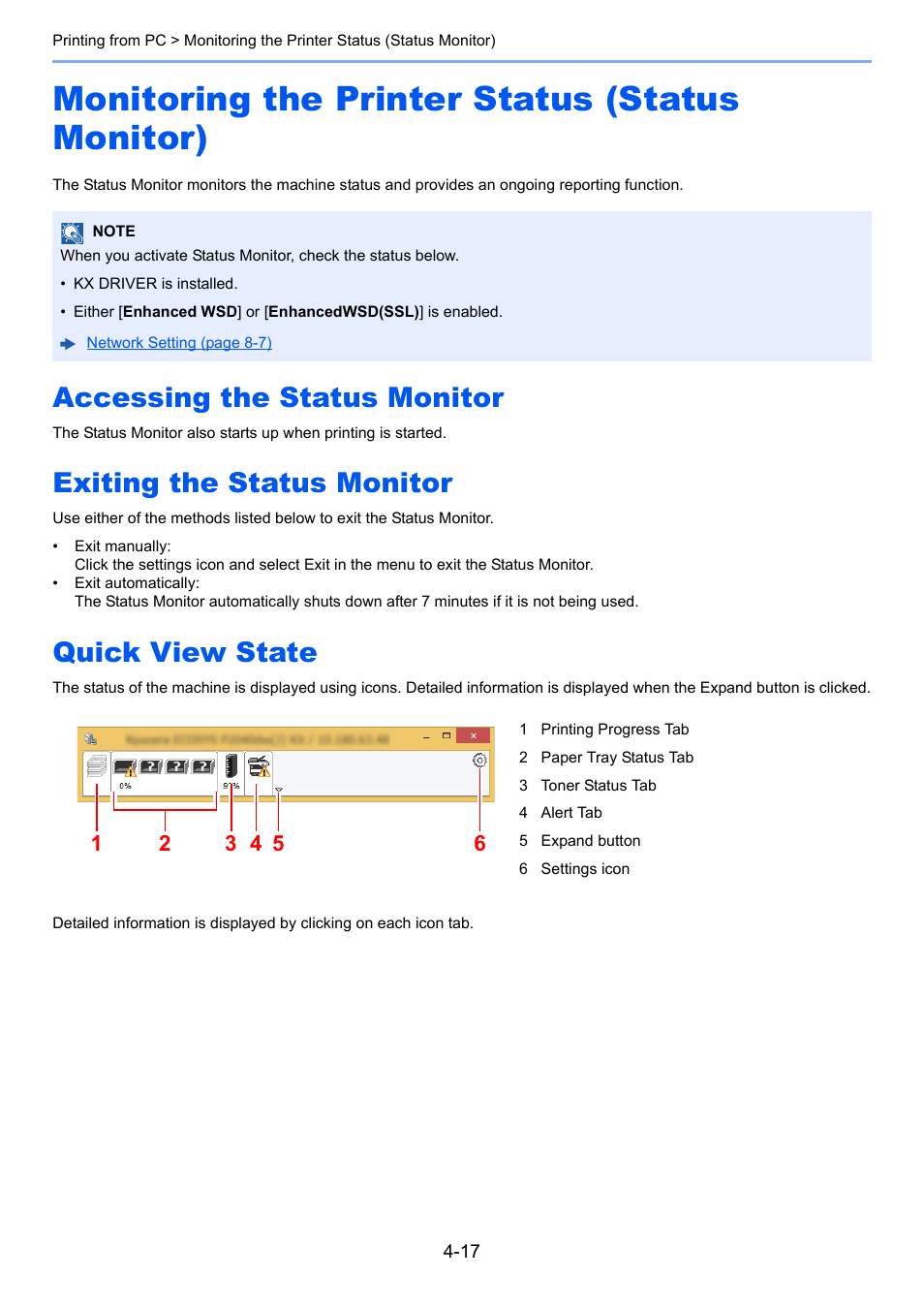 Monitoring the printer status (status monitor), Accessing the status monitor, Exiting the status monitor | Quick view state, Monitoring the printer status (status monitor) -17 | Kyocera Ecosys m2040dn User Manual | Page 152 / 410