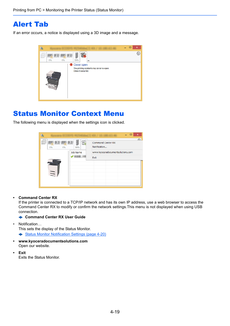 Alert tab, Status monitor context menu, Alert tab -19 status monitor context menu -19 | Kyocera Ecosys m2040dn User Manual | Page 154 / 410