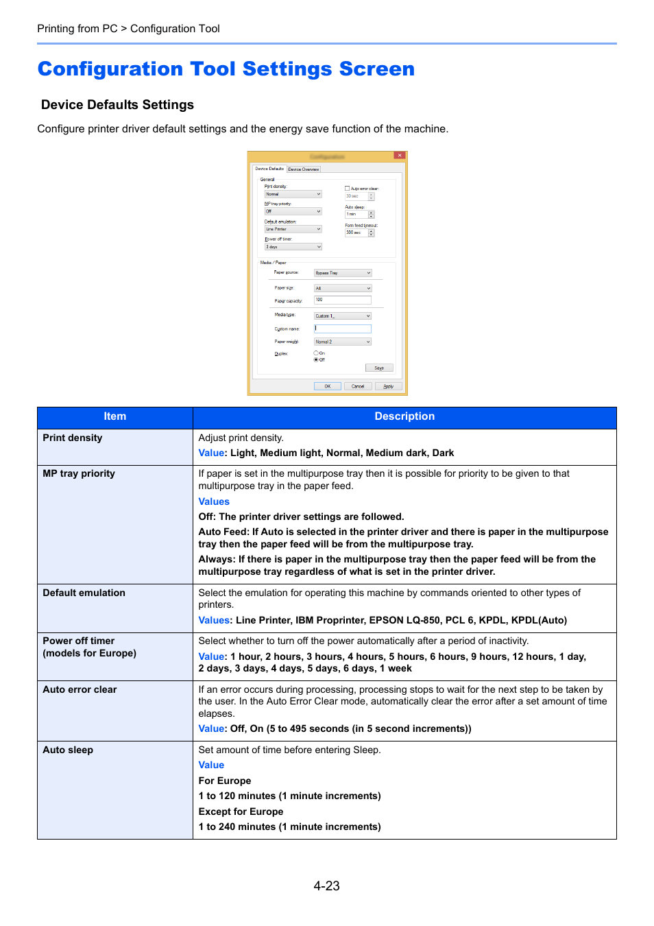 Configuration tool settings screen, Configuration tool settings screen -23, Device defaults settings | Kyocera Ecosys m2040dn User Manual | Page 158 / 410