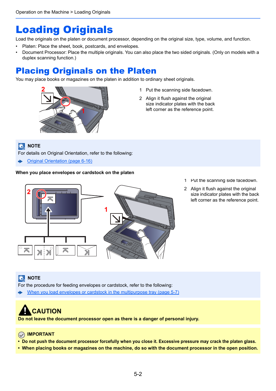 Loading originals, Placing originals on the platen, Loading originals -2 | Placing originals on the platen -2, Caution | Kyocera Ecosys m2040dn User Manual | Page 162 / 410