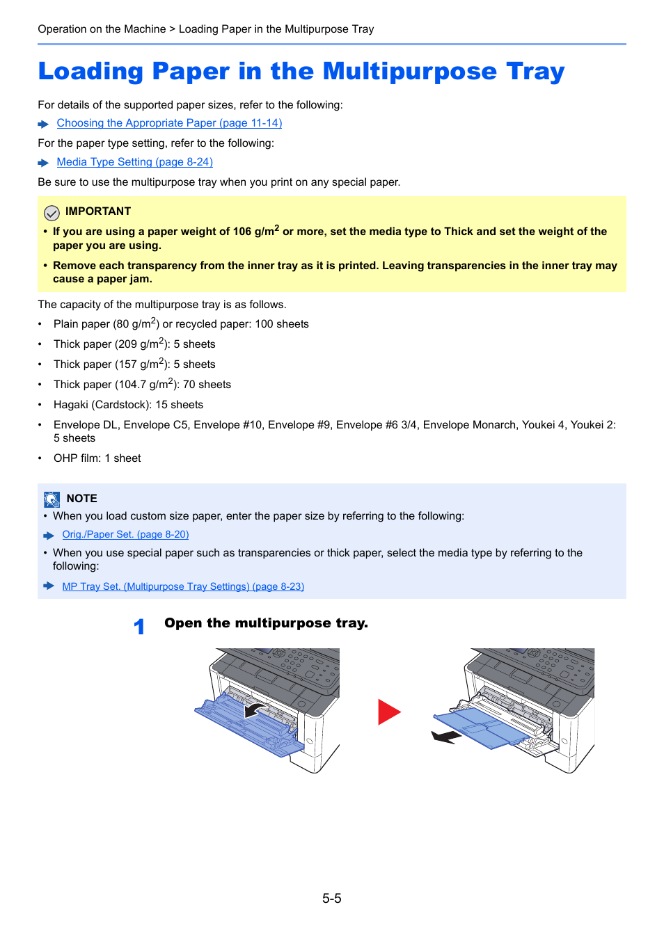 Loading paper in the multipurpose tray, Loading paper in the multipurpose tray -5 | Kyocera Ecosys m2040dn User Manual | Page 165 / 410