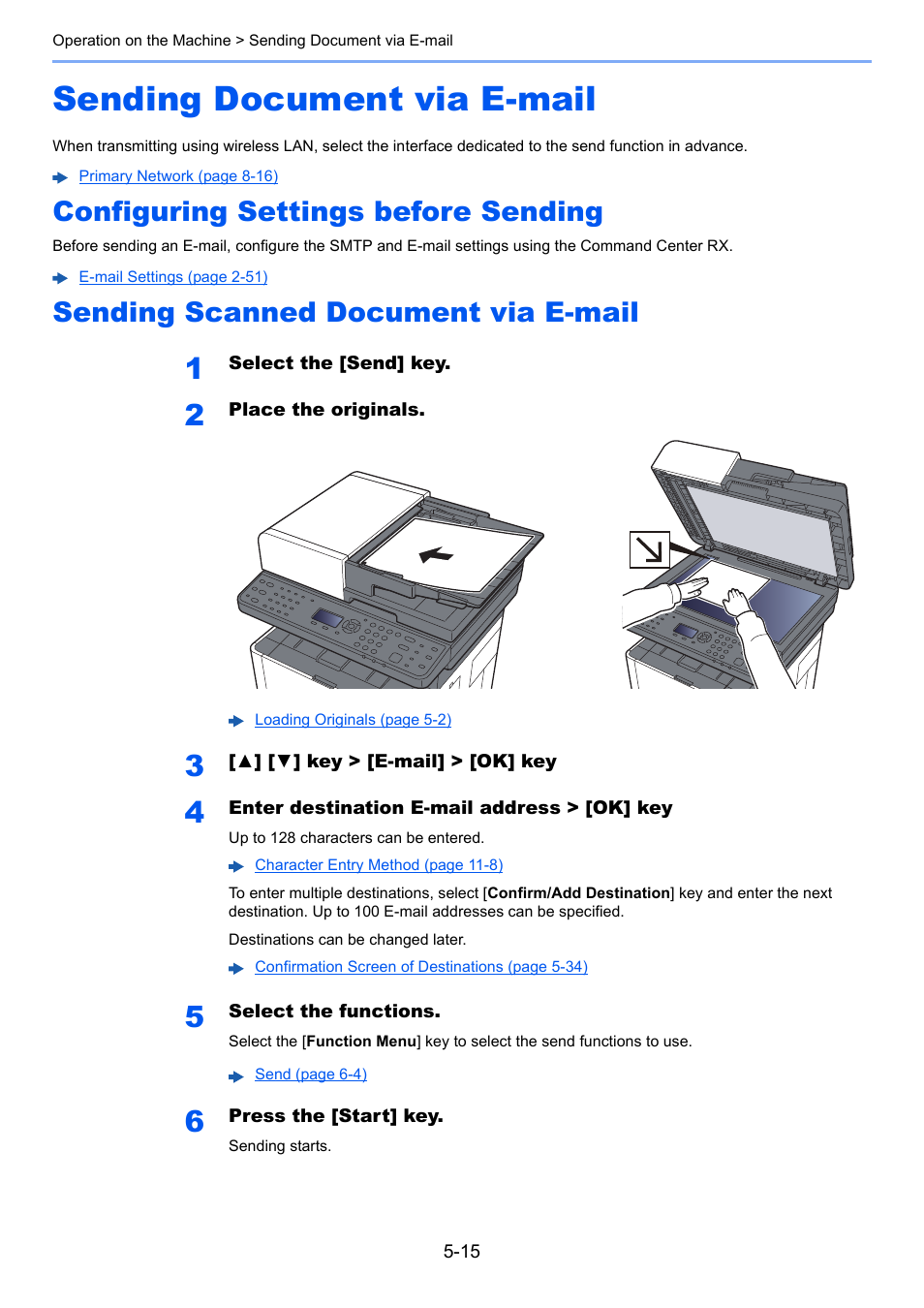 Sending document via e-mail, Configuring settings before sending, Sending scanned document via e-mail | Sending document via e-mail -15, E-mail, E-mail -15 | Kyocera Ecosys m2040dn User Manual | Page 175 / 410