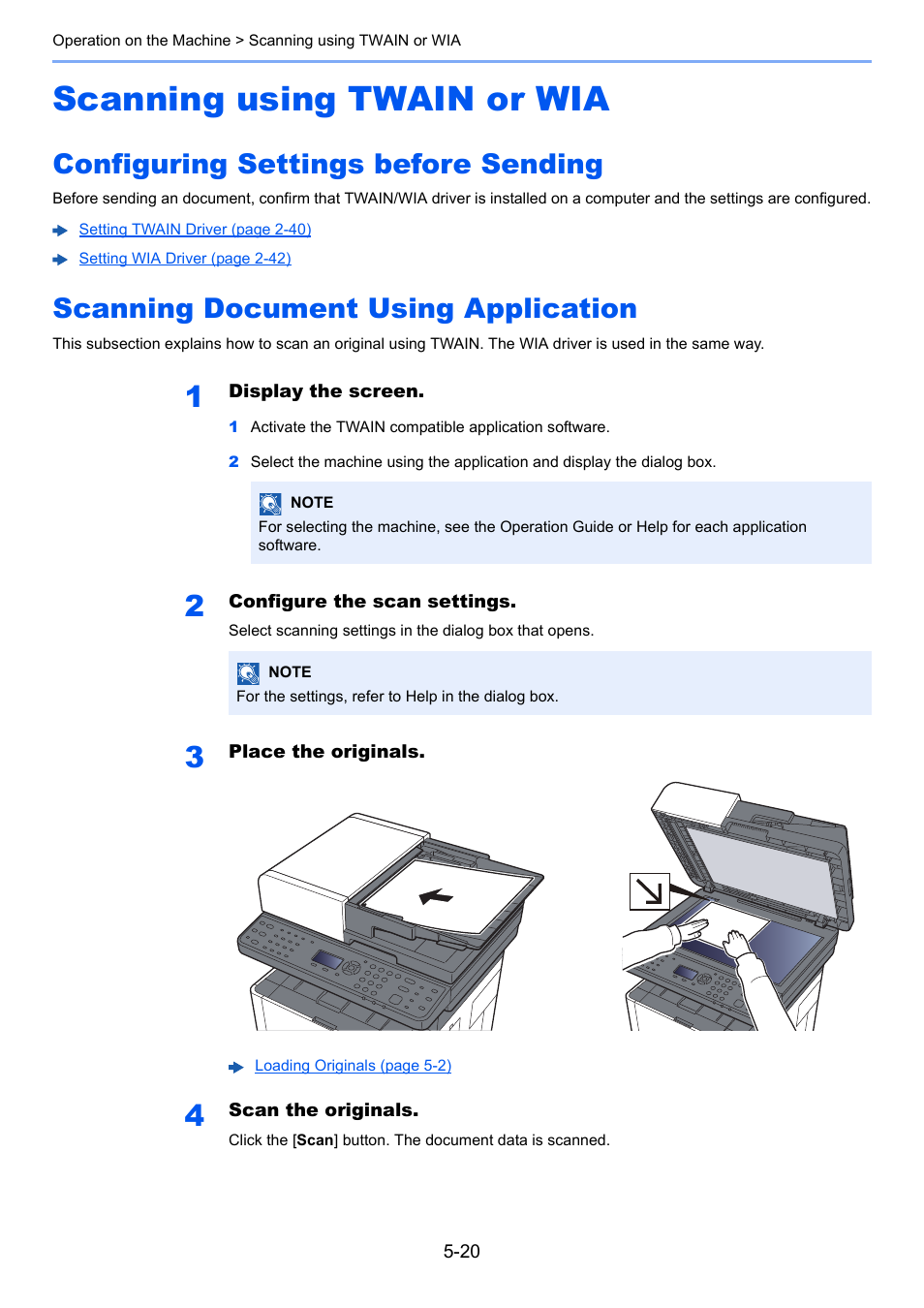 Scanning using twain or wia, Configuring settings before sending, Scanning document using application | Scanning using twain or wia -20, Application -20 | Kyocera Ecosys m2040dn User Manual | Page 180 / 410