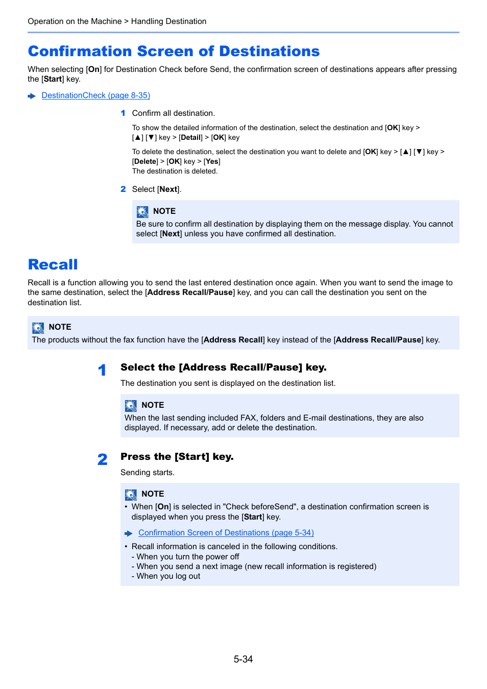 Confirmation screen of destinations, Recall, Confirmation screen of destinations -34 recall -34 | Kyocera Ecosys m2040dn User Manual | Page 194 / 410