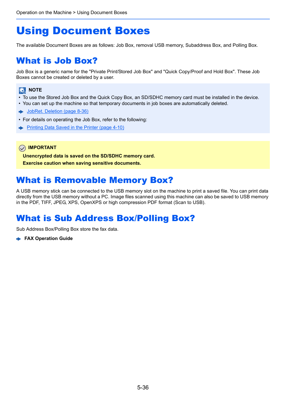 Using document boxes, What is job box, What is removable memory box | What is sub address box/polling box, Using document boxes -36, Box/polling box? -36 | Kyocera Ecosys m2040dn User Manual | Page 196 / 410