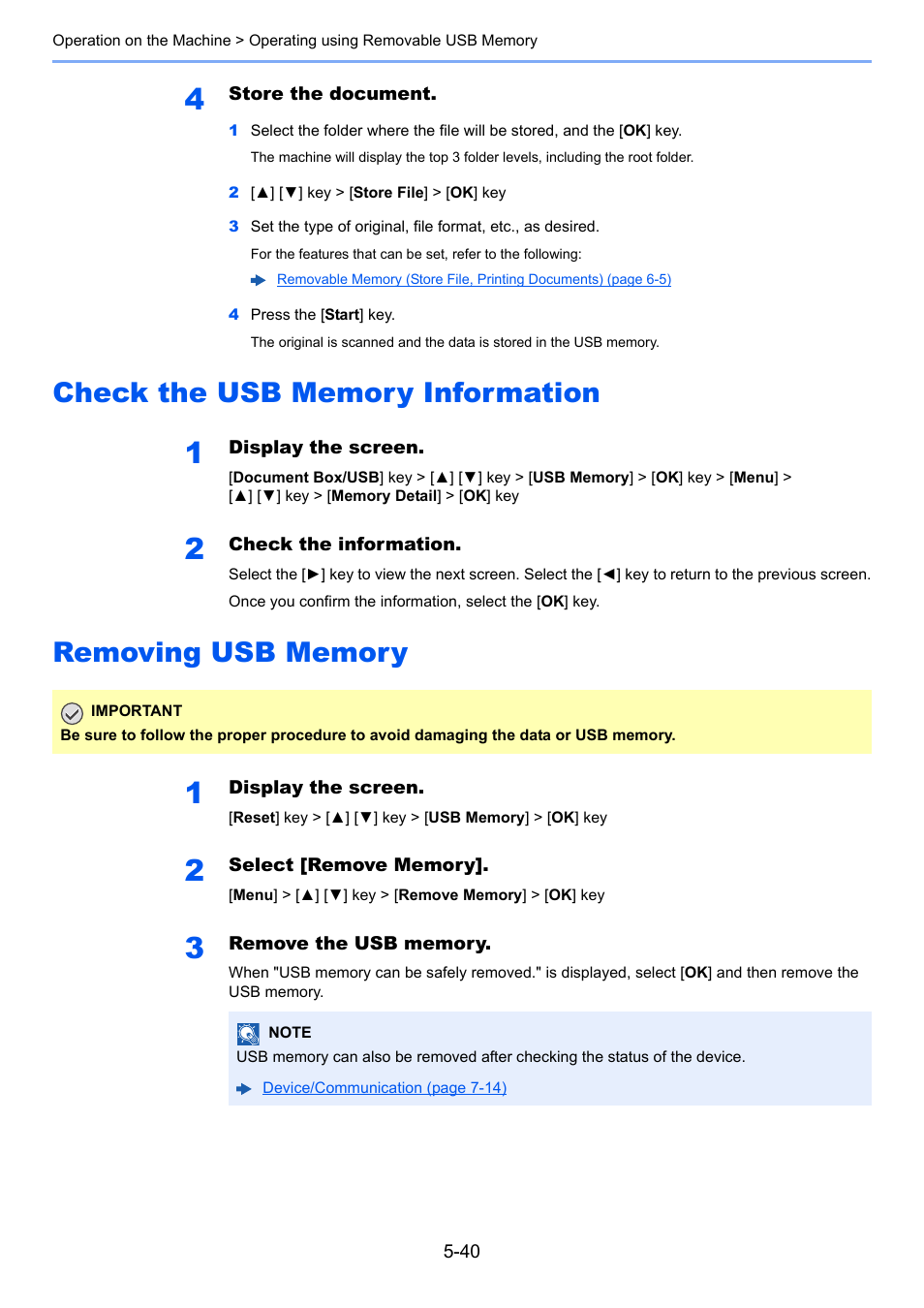 Check the usb memory information, Removing usb memory | Kyocera Ecosys m2040dn User Manual | Page 200 / 410