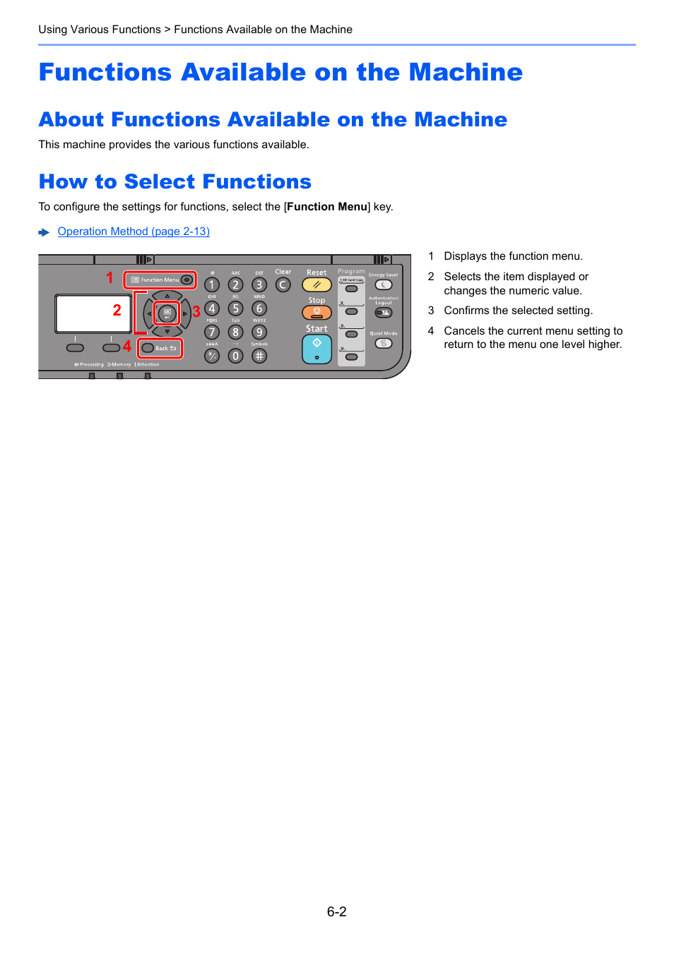 Functions available on the machine, About functions available on the machine, How to select functions | Functions available on the machine -2 | Kyocera Ecosys m2040dn User Manual | Page 202 / 410