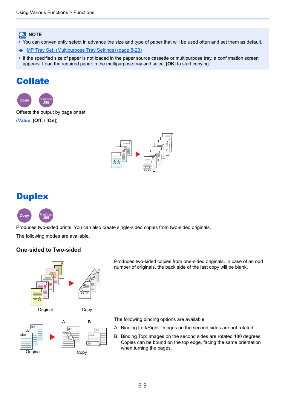 Collate, Duplex, Collate -9 duplex -9 | Late, One-sided to two-sided | Kyocera Ecosys m2040dn User Manual | Page 209 / 410