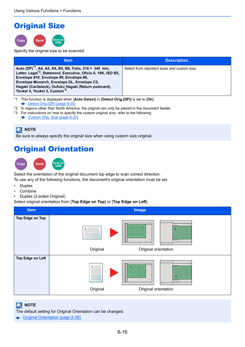 Original size, Original orientation, Original size -16 original orientation -16 | Al size, Ation, Specify the original size to be scanned, Edge to scan correct direction | Kyocera Ecosys m2040dn User Manual | Page 216 / 410