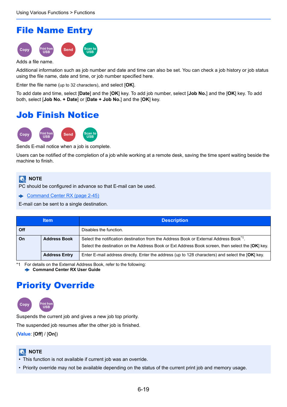 File name entry, Job finish notice, Priority override | Ish notice, Print override, Adds a file name, Sends e-mail notice when a job is complete | Kyocera Ecosys m2040dn User Manual | Page 219 / 410