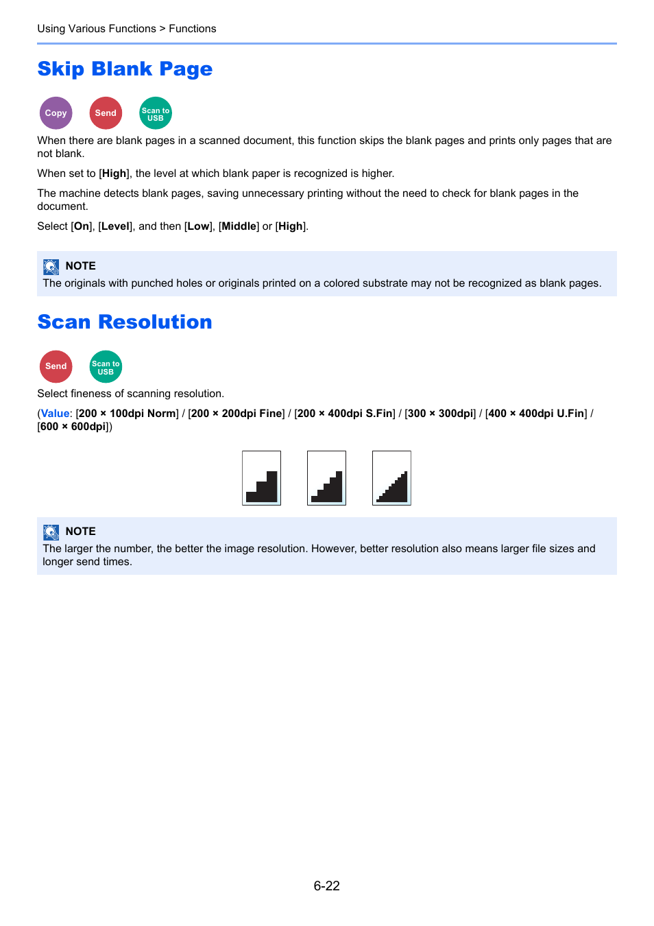 Scan resolution, Scan resolution -22, Select fineness of scanning resolution | Skip blank page | Kyocera Ecosys m2040dn User Manual | Page 222 / 410