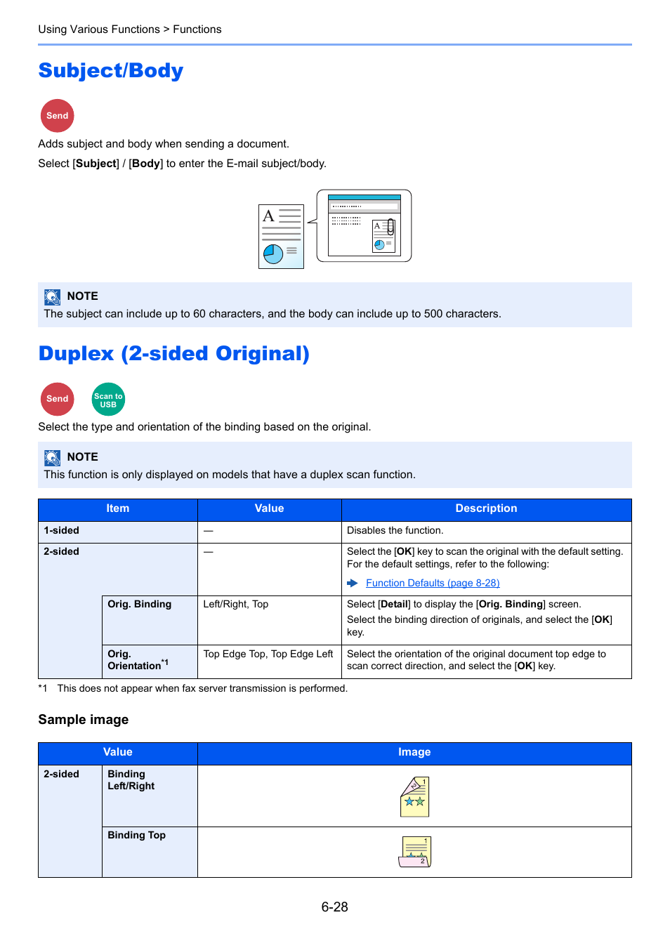 Subject/body, Duplex (2-sided original), Subject/body -28 duplex (2-sided original) -28 | Adds subject and body when sending a document, On the original, Sample image | Kyocera Ecosys m2040dn User Manual | Page 228 / 410