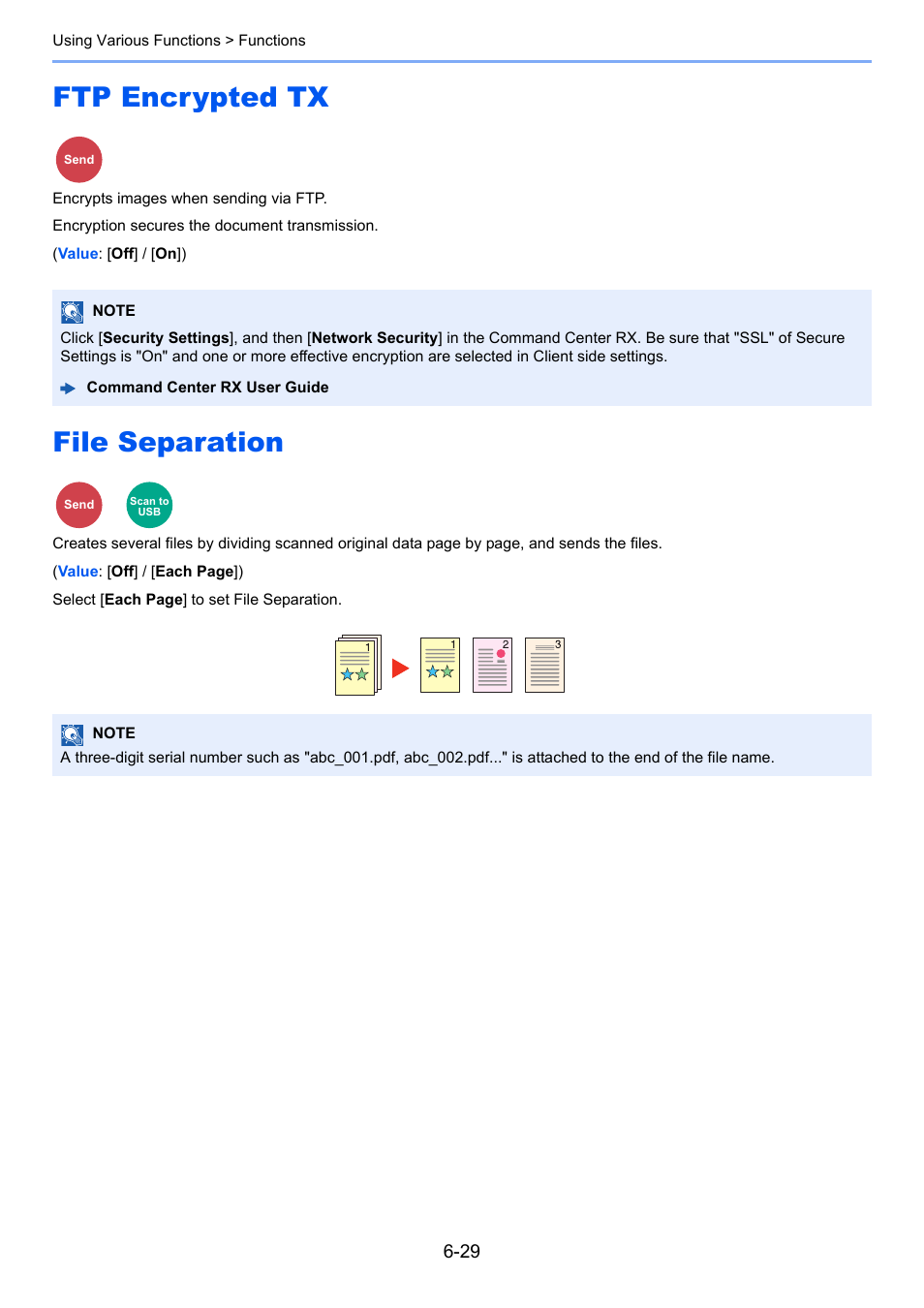Ftp encrypted tx, File separation, Ftp encrypted tx -29 file separation -29 | Encrypts images when sending via ftp, Creates several files by dividing scanned original | Kyocera Ecosys m2040dn User Manual | Page 229 / 410