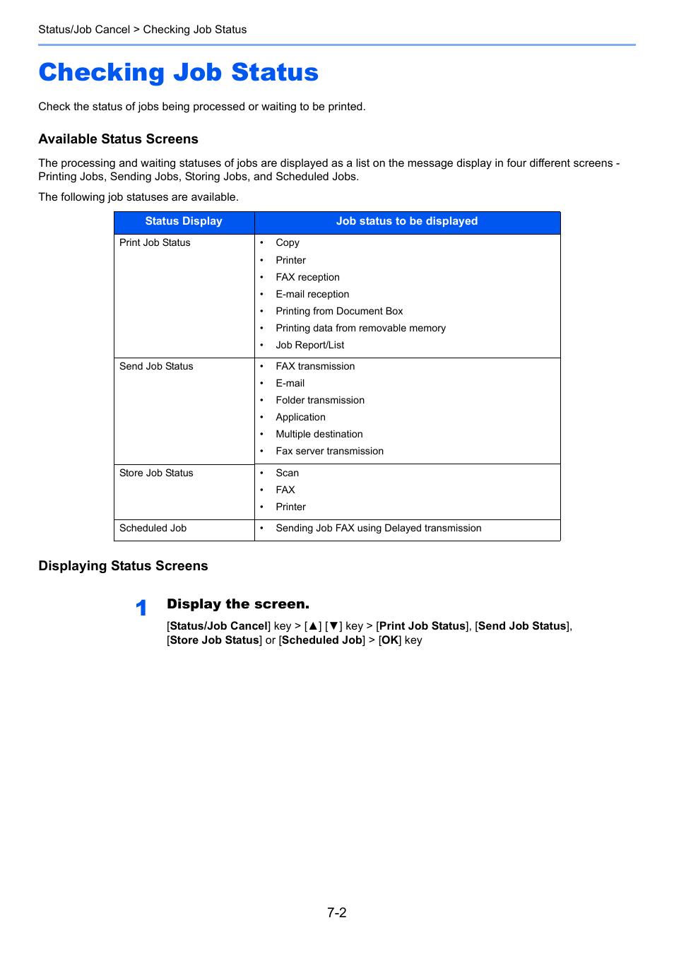 Checking job status, Checking job status -2, Available status screens | Displaying status screens, Display the screen | Kyocera Ecosys m2040dn User Manual | Page 233 / 410