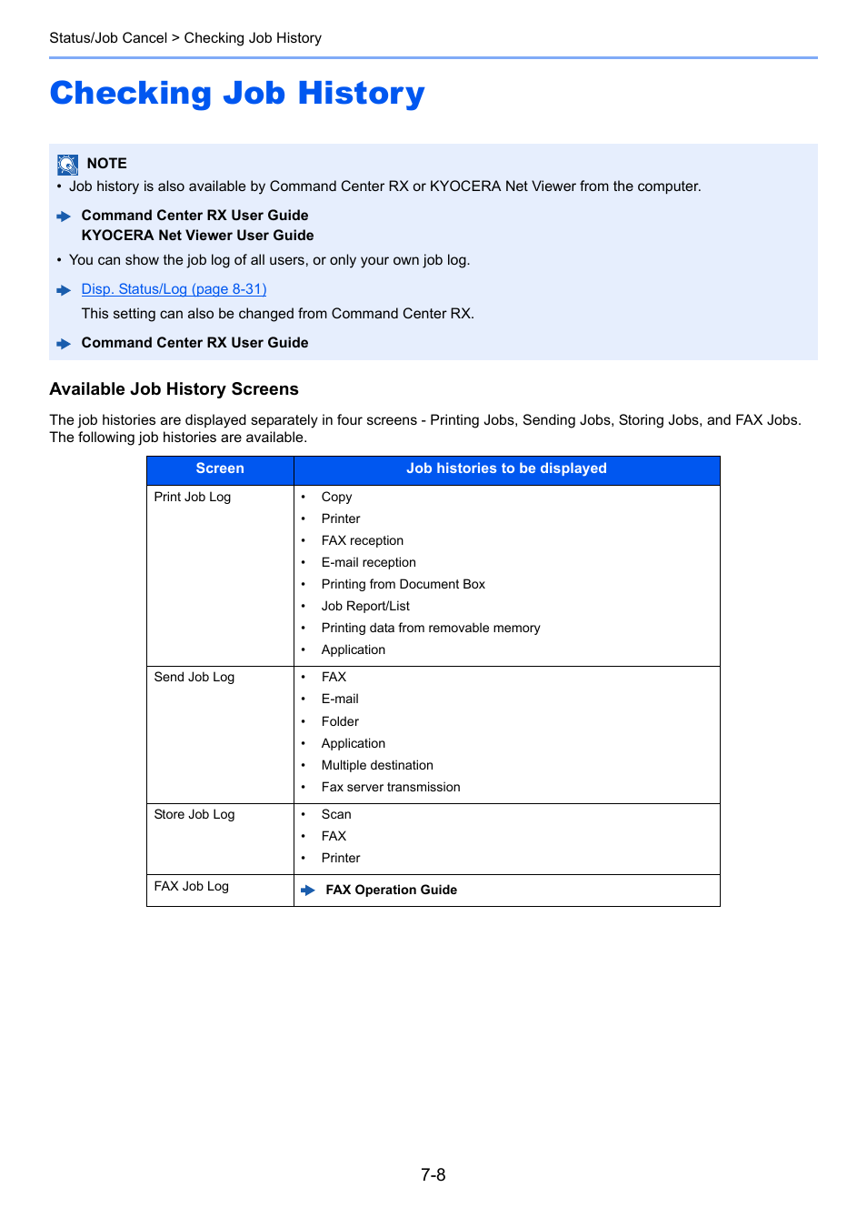 Checking job history, Checking job history -8, Available job history screens | Kyocera Ecosys m2040dn User Manual | Page 239 / 410